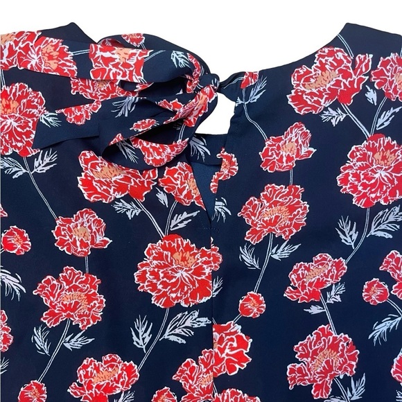 Banana Republic Floral Blouse Women XS Navy Red Romantic Bell Sleeve - Picture 5 of 12